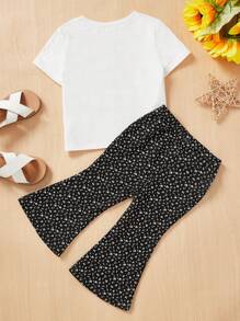 SHEIN Baby Girl Leisure Vacation Style Cartoon Character & Letter Print Round Neck T-Shirt With Floral Print Flare Pants Two Pieces Set - Black and White - View 2