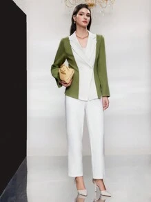 Seusyu 女士彩色拼接長袖西裝外套 - 白色 - 查看 6