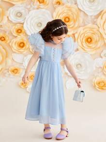 SHEIN Young Girl Gorgeous Cap Sleeve Dress With Ruffle Hem - Blue - View 4