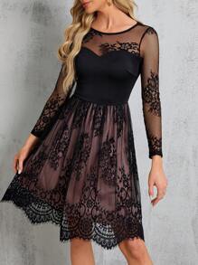 SHEIN Clasi Lace Patchwork Belted Dress, Semi Formal Dress