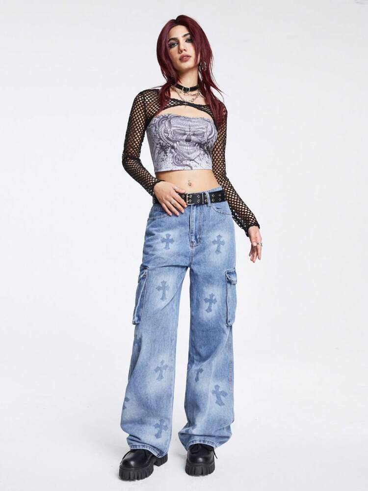 Cross Print Flap Pocket Cargo Jeans