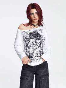 ROMWE Goth Skull Print Asymmetric Neck Tee - White - View 4