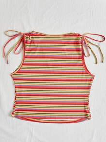 Dreamara Plus Size Women's Colorful Striped Shoulder Tie Knot Tank Top