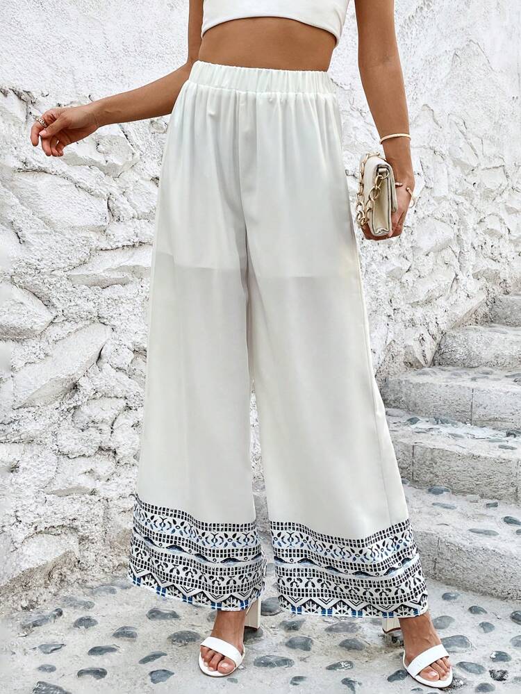 Women's Elastic Waist Wide Leg Pants With Geometric Patterns