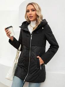 GASMAN Women's Zippered Front Hooded Regular Fit Padded Coat