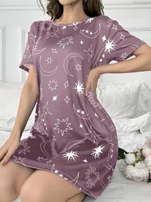 星星印花短袖睡衣睡裙 - 彩色 - 查看 1