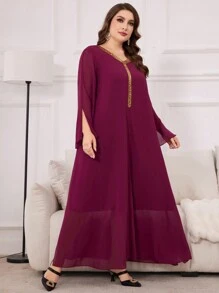 Al Najma Bordeauxrode plus size dames Arabische jurk met pailletten en geweven band