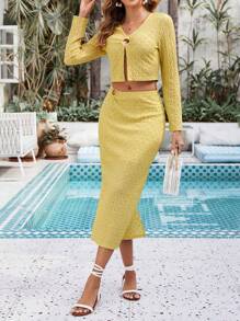 SHEIN VCAY Conjunto casual de dos piezas de unicolor con textura - Amarillo - Ver 5