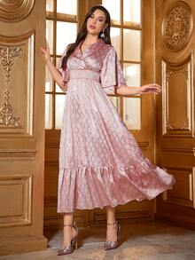 Women's Arab Style Checkered Dress With Shirred Waist And Golden Print - Pink - View 5