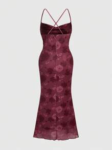 ROMWE Vestido De Cuello De Cobija Con Diseño Asimétrico Y Estampado De Patrón Rosa Para Mujer - Rojo - Ver 2