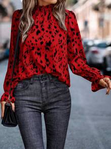 SHEIN LUNE Blusa De Manga Larga Con Volantes Y Estampado Estampado Para Mujer - Rojo - Ver 5