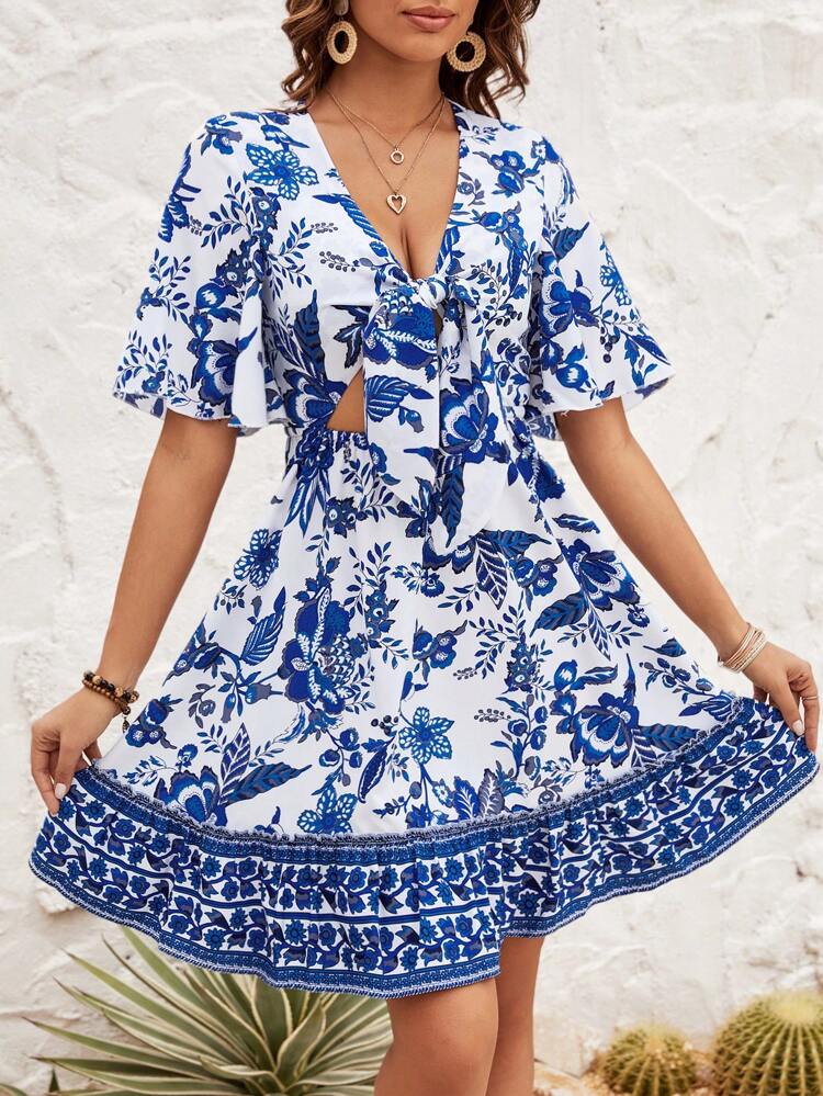 Women's Floral Printed Hollow Out Lace Up Dress