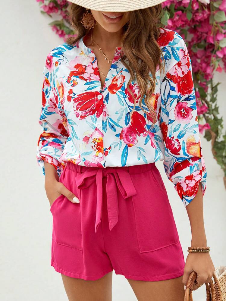 Women's Floral Printed Frill Trim Long Sleeve Shirt And Shorts Set
