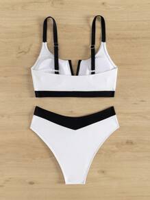 SHEIN Swim 拼色分体比基尼套装 夏日海滩 - 黑與白 - 查看 5