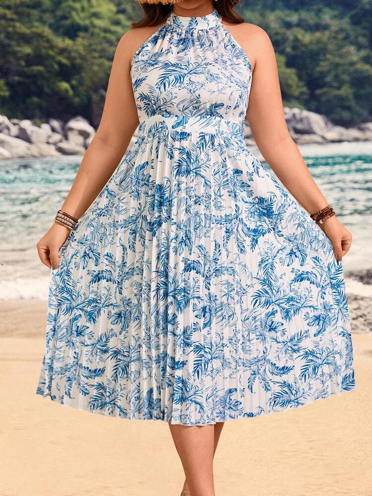 Plus Size Women's Plant Printed Ruffle Trim Halter Neck Sleeveless Dress