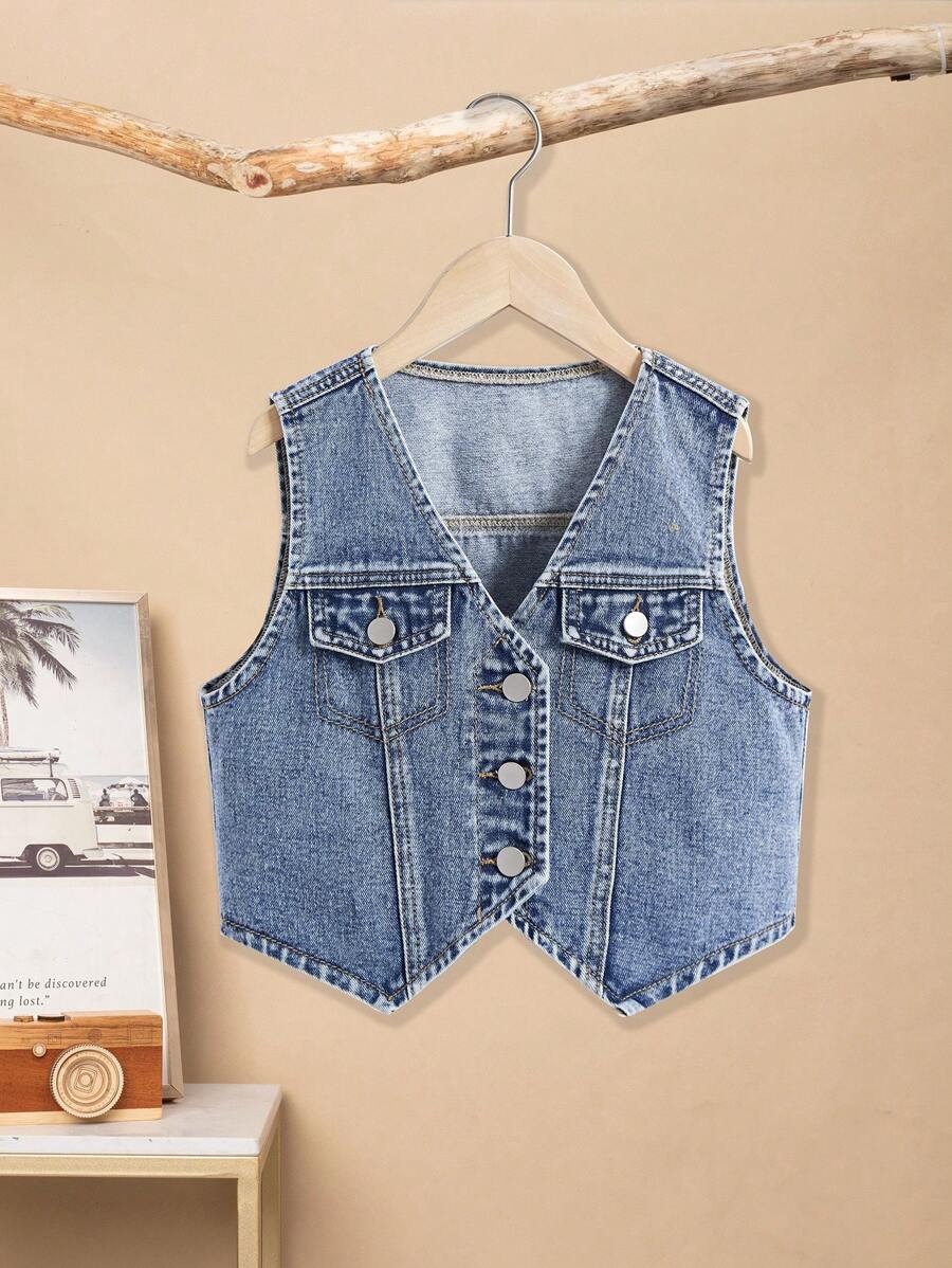 SHEIN Sparklyn Tween Girl Y2K Flap Pocket Button Front Vest Denim Top