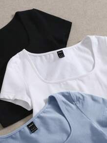 SHEIN EZwear 女士純色方領短袖t恤 - 霧霾藍 - 查看 4