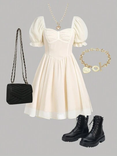 SHEIN 少女修身純色連衣裙,胸前褶皺設計,v形高腰設計,泡泡袖設計