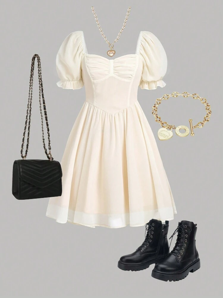 Teen Girls' Woven Solid Color Dress With Pleated Bust, V-Shaped Waistline And Puff Sleeves