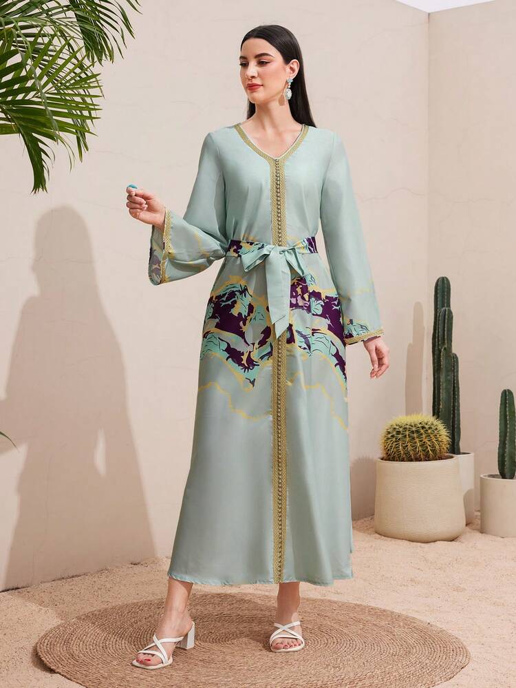 Patchwork Dress With Geometric Printed Ribbons Kaftan Jalabiya Dress