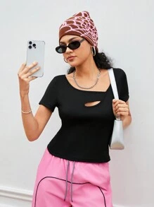 Street Sport 女士不对称领口运动 T 恤 - 黑色 - 查看 5