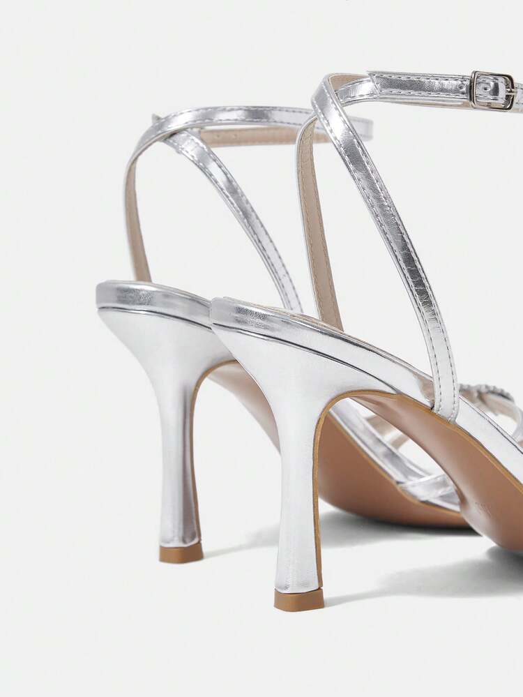Women'S High Heel Sandals With Silver Metallic Pu, Butterfly Shaped Rhinestone Buckle Decoration