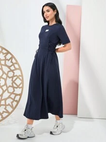 Seusyu Women's Solid Color Simple Style Waist-Cinched Dress - Navy Blue - View 4