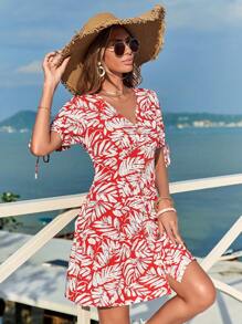 SHEIN VCAY Women's Puff Sleeve Plant Print Dress - Multicolor - View 1