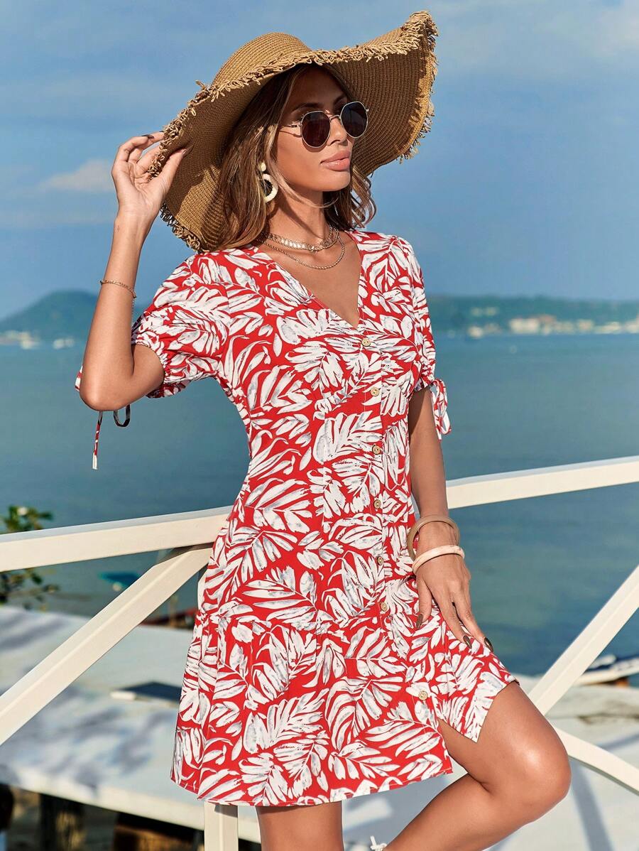 SHEIN VCAY Women's Puff Sleeve Plant Print Dress - Multicolor - View 1