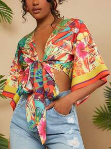 Travachic Blusa Corta Tropical Para Mujer Con Estampado Y Lazo En La Parte Delantera Y Mangas Acampanadas Para Vacaciones