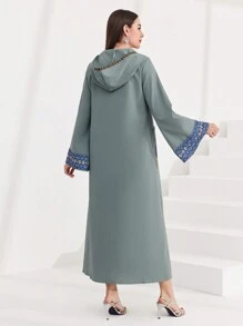 Al Najma Hooded Dress With Patchwork Design And Printed Ribbon Detail, Modest Kaftan