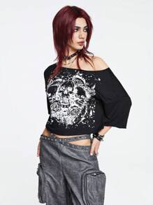 ROMWE Grunge Punk 骷髏頭圖案一字肩T恤 - 黑色 - 查看 4