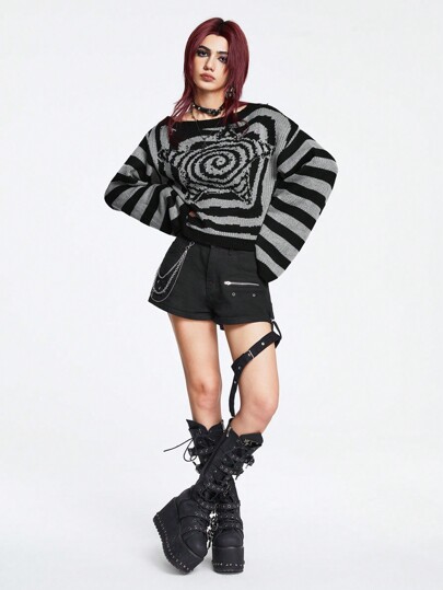 Grunge Punk Women's Striped Off Shoulder Sweater, School