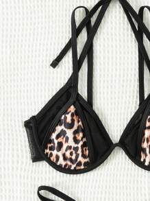 SHEIN Swim Leopard Print Splice Halter Neck Bikini Set With Underwire (Sexy Style) Summer Beach - Multicolor - View 5