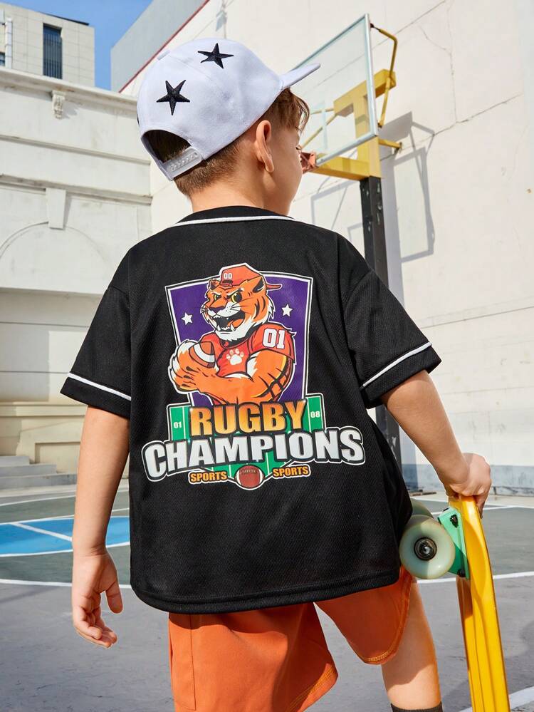 Young Boy Loose-Fit Cartoon Tiger Pattern Shirt For Casual Wear