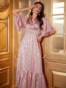 Women's Arab Style Checkered Dress With Shirred Waist And Golden Print - Pink - View 7