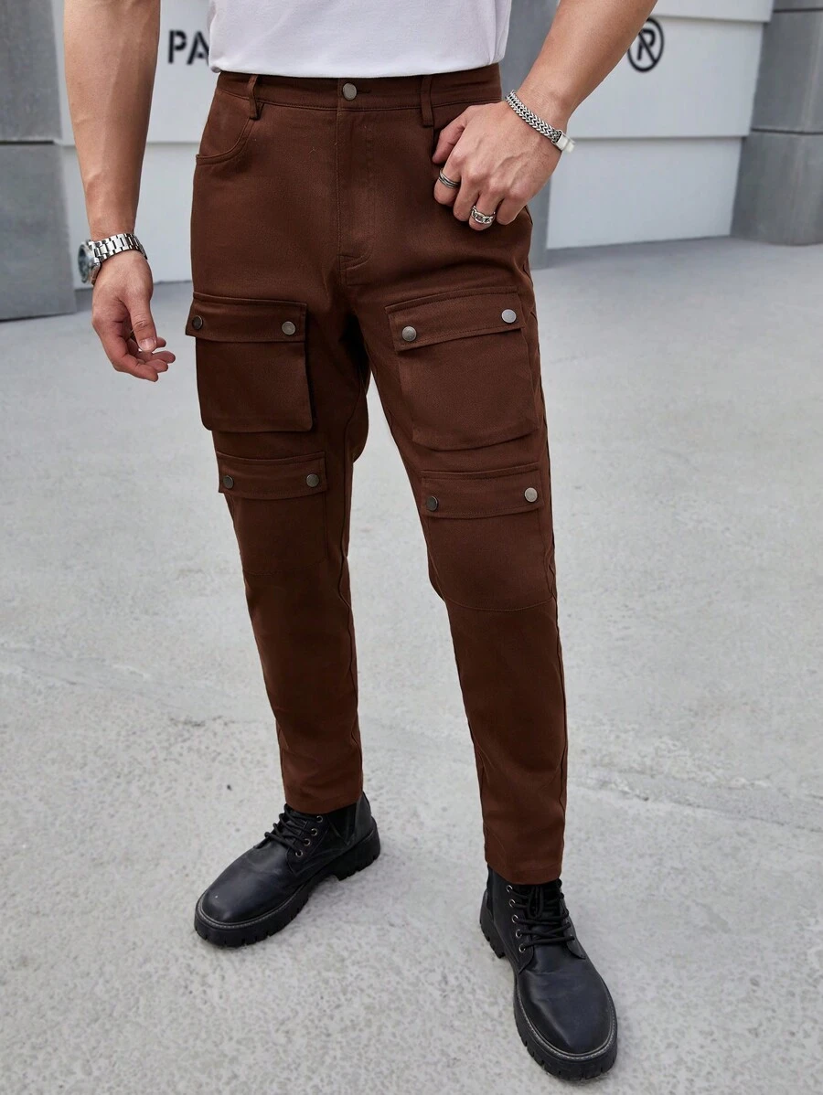 Manfinity Homme Pantalones Casuales Ajustados Con Bolsillos De Utilidad Para Hombres - Óxido marrón - Ver 1