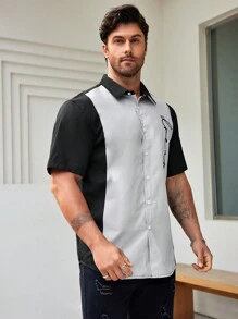 Manfinity Homme Camisa Masculina Plus Size Contrastante De Manga Curta Com Design Estampado - Cinza Claro - Visão 2