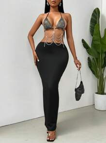 Allurite Women's Backless Dress With Rhinestone Chain Decoration - Black - View 1