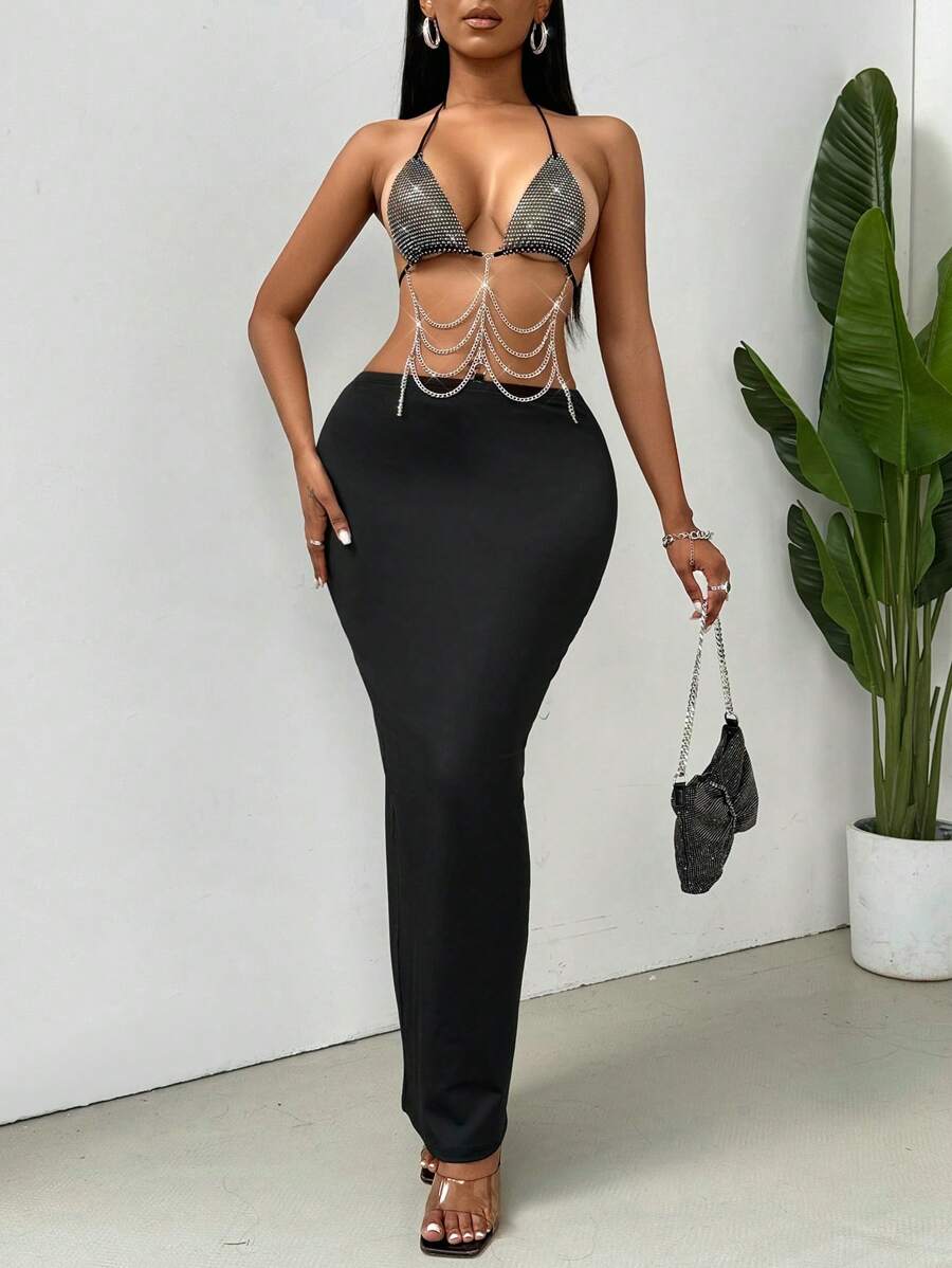 Allurite Women's Backless Dress With Rhinestone Chain Decoration - Black - View 1