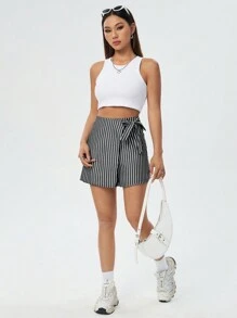SHEIN Unity 女士條紋印花打結腰帶安全褲裙 - 黑與白 - 查看 5