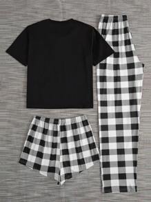 SHEIN 女士格紋睡衣套裝,附拼接口袋上衣和褲子 - 黑與白 - 查看 2