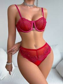 SHEIN Women's Sexy Embroidery Mesh Underwear Set With Underwire - Hot Pink - View 4