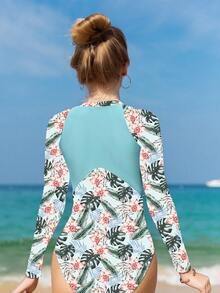 SHEIN Teen Girls' One-Piece Swimsuit With Plant Print And Long Sleeves - Baby Blue - View 2