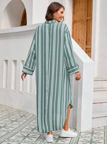 Seusyu Women's Striped Half Button Placket Dress - Green - View 2