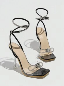 女士透明帶鑽石高跟涼鞋,適用於夏季 - 黑色 - 查看 5