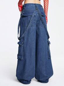 ROMWE Grunge Punk 学校风翻盖口袋工装牛仔裤 - 深色水洗藍 - 查看 5