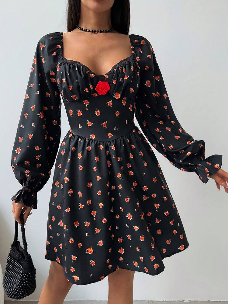 Valentine's Day Dress,Summer Sweetheart Dress; Long-Sleeve Bodycon Dress With Front Chest Adorned With Flower Appliques And Lace Trim