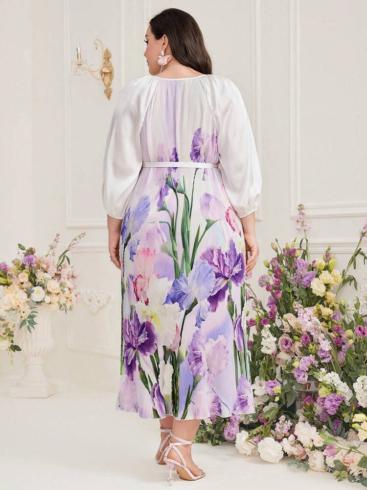 Plus Size Floral Printed Lantern Sleeve Belted Dress Long Evening Dresses