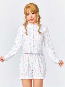 ROMWE Kawaii Casual Heart Shaped Bear Button Up Long Sleeve Top And Shorts Homewear Set For Kids